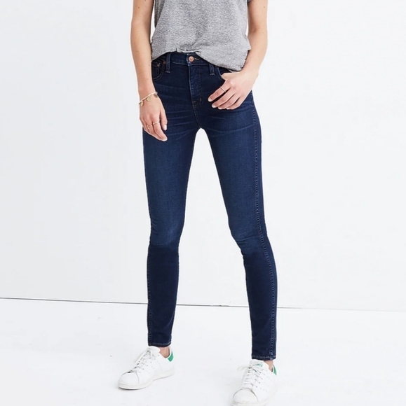Madewell 10" Size 28 High-Rise Skinny Jeans Denim Hayes Dark Wash Whiskering - Picture 1 of 15
